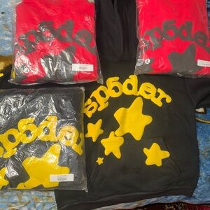 Black and Yellow and red and black sp5der hoodies